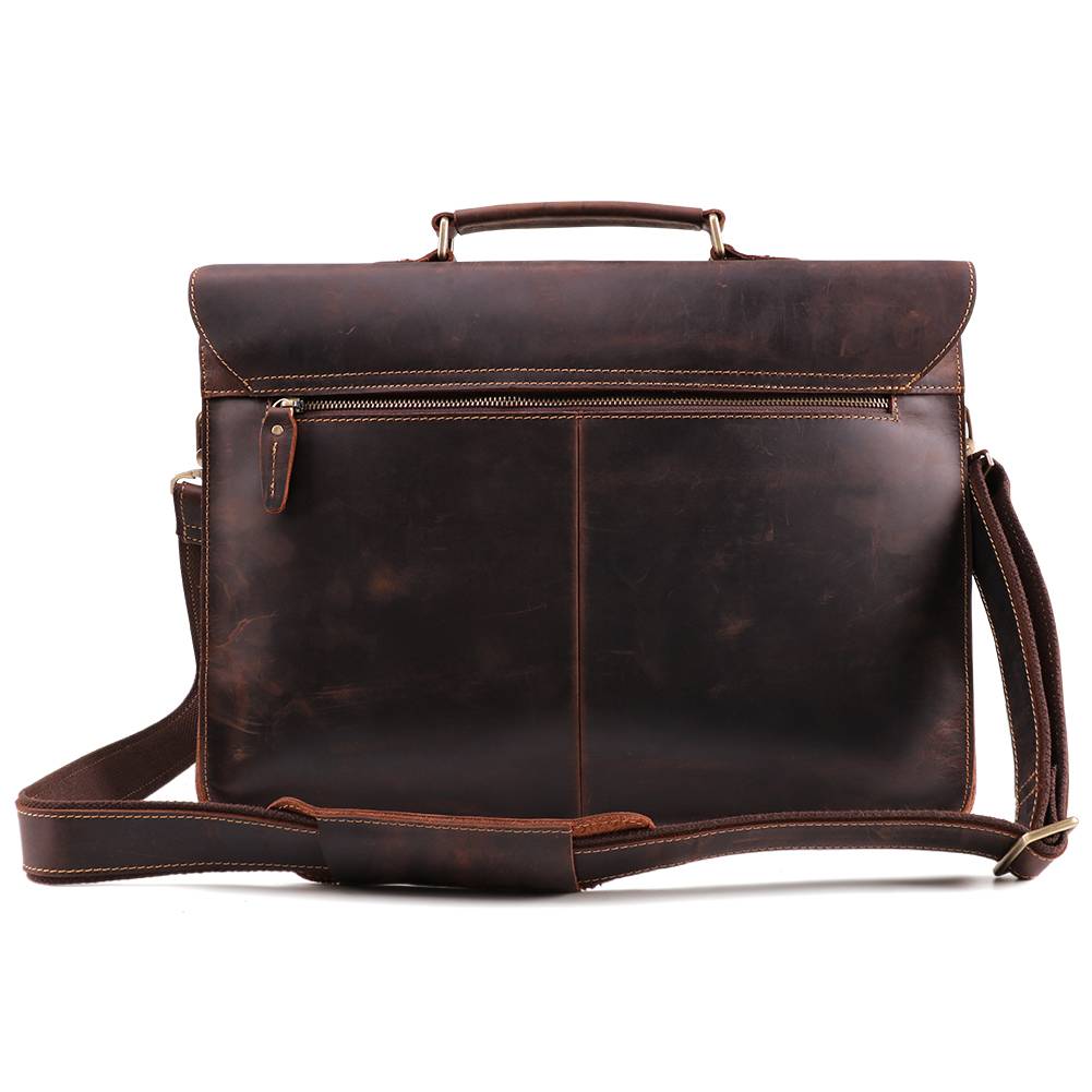 Dark brown men's briefcase, rear pocket detail