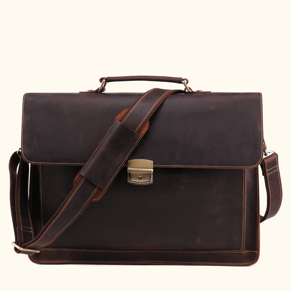 Vintage dark brown men's leather briefcase with lock