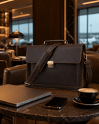 Dark brown men's briefcase in a hotel lounge