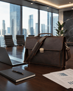 Dark brown men's briefcase in a boardroom