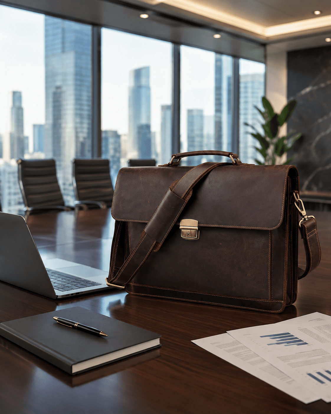 Dark brown men's briefcase in a boardroom