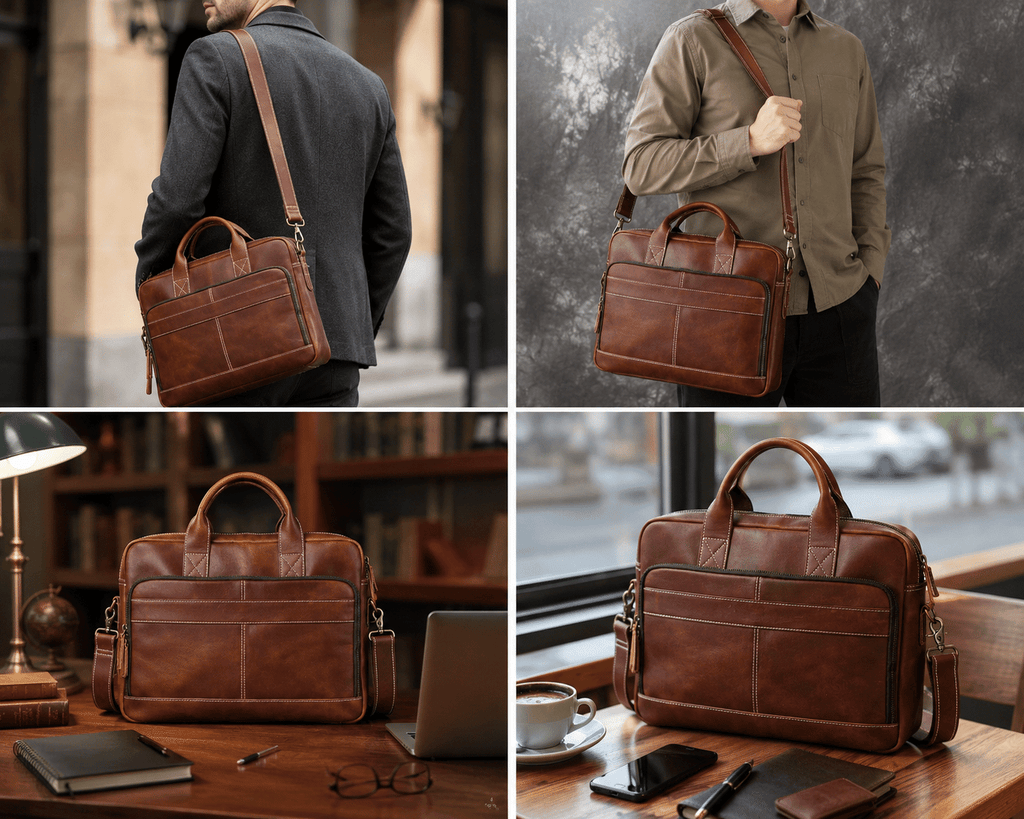 Man carrying the brown leather briefcase