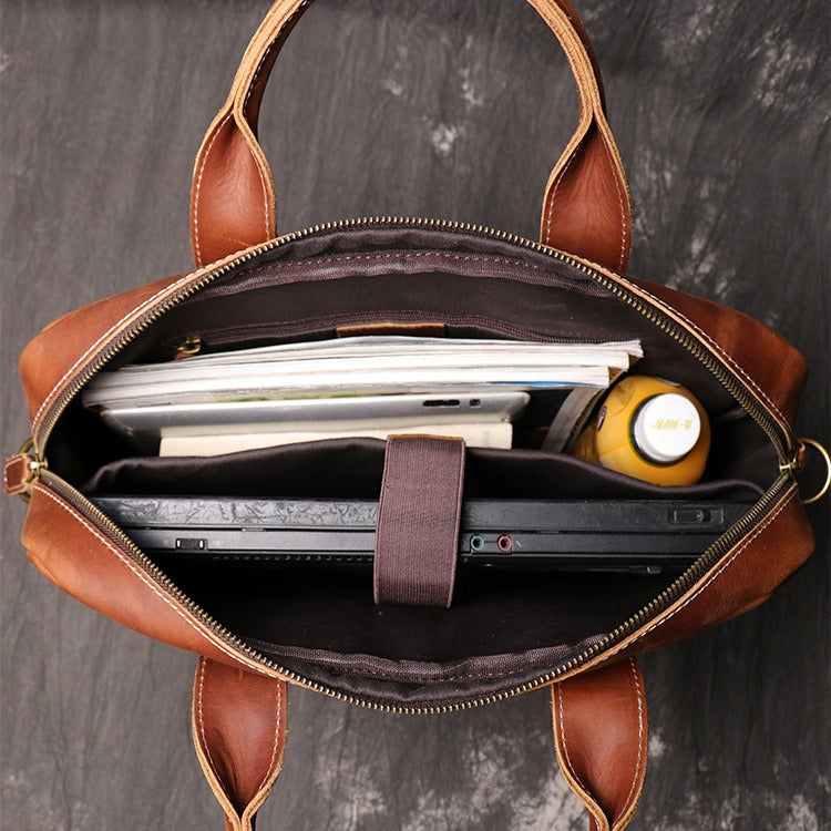 Brown men's briefcase, side view