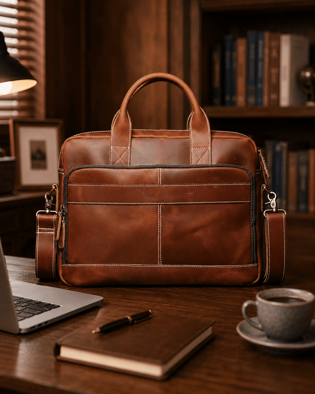 Brown men's briefcase, leather grain
