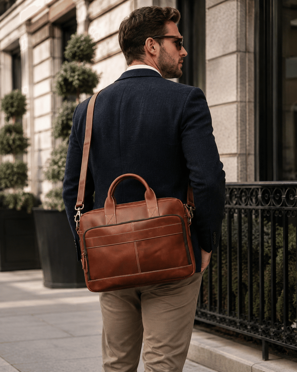 Brown men's briefcase, flat lay