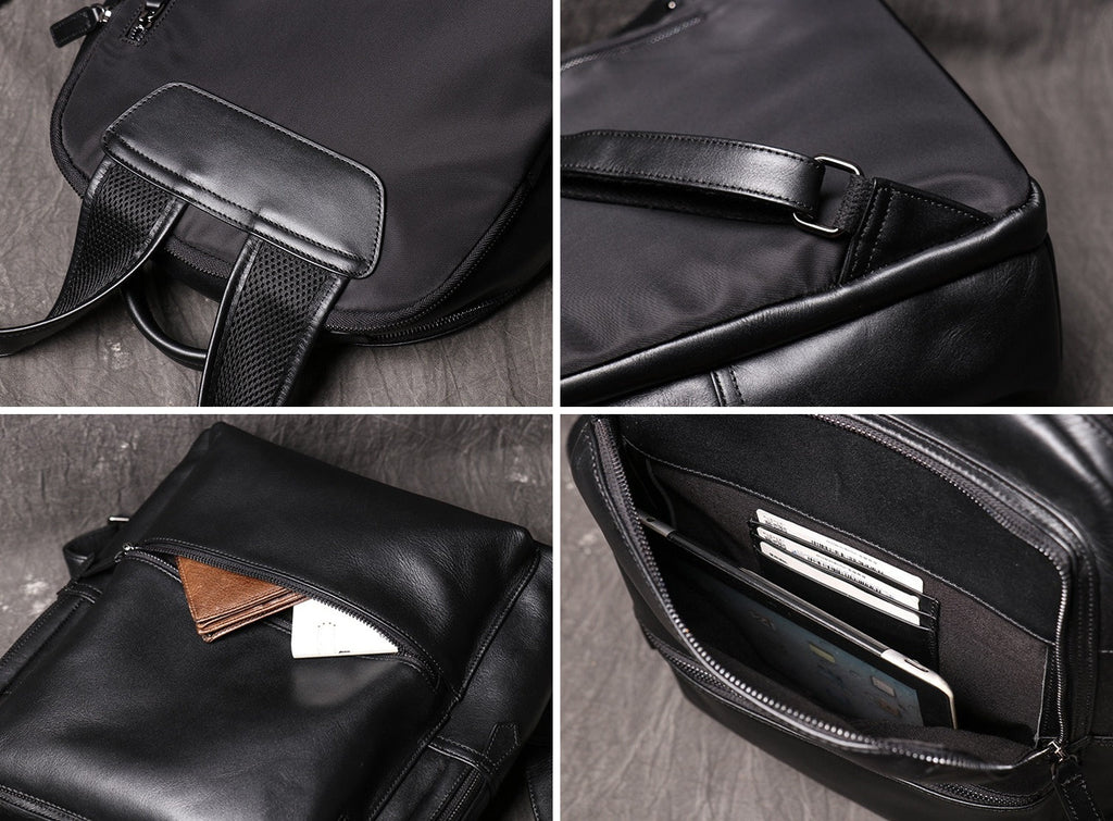 Black men's business backpack, leather grain