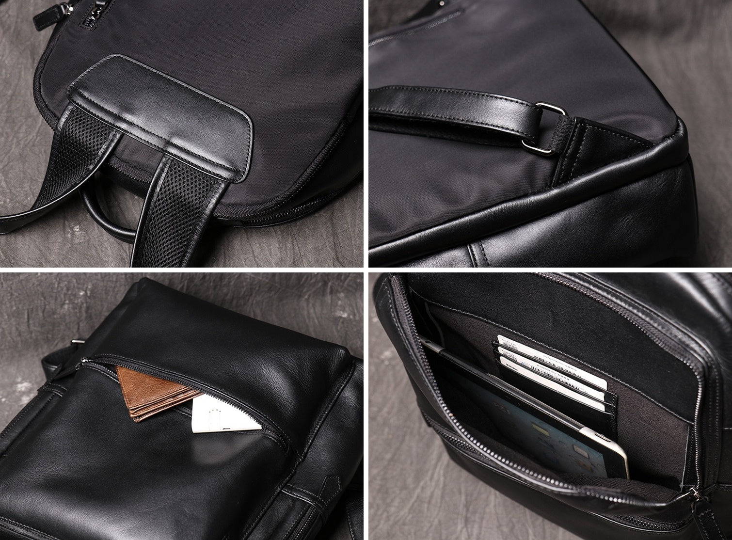 Black men's business backpack, leather grain
