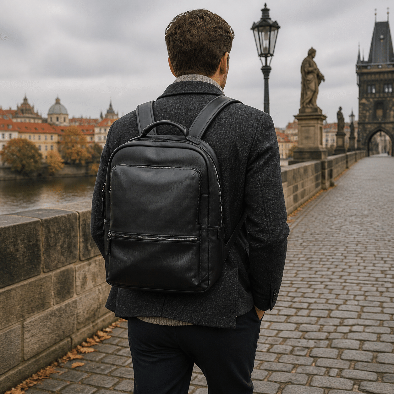 Man wearing the black leather business backpack on a stone bridge