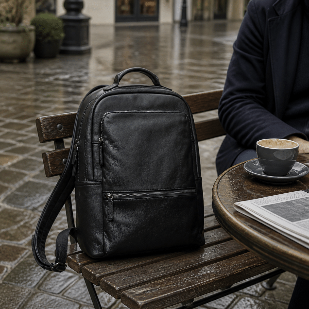 Black men's business backpack, interior view