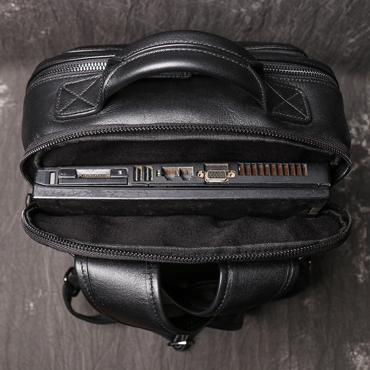 Black men's business backpack, handle detail
