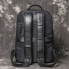 Black men's business backpack, back panel detail