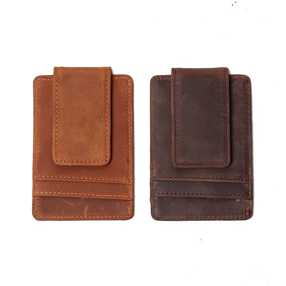 Brown men's money clip wallet, folded bills