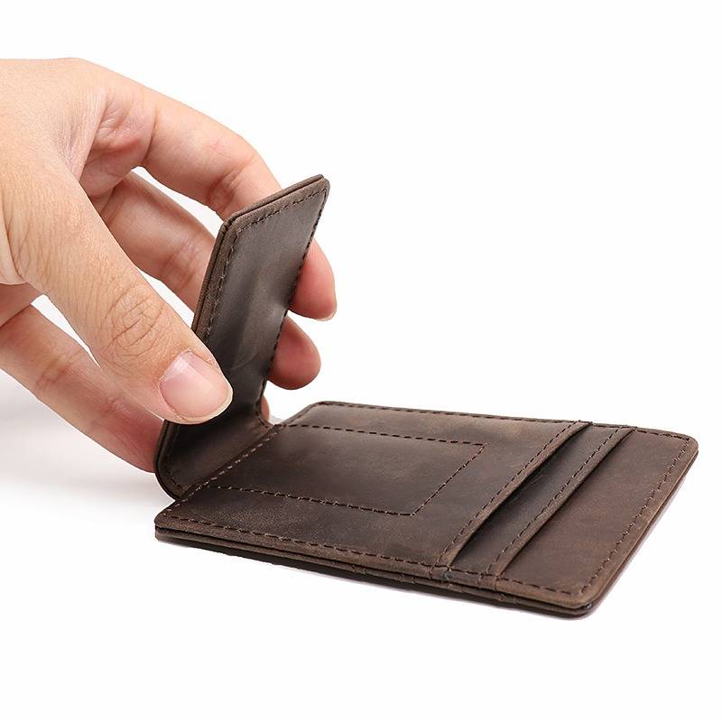 Dark brown men's money clip wallet, folded bills