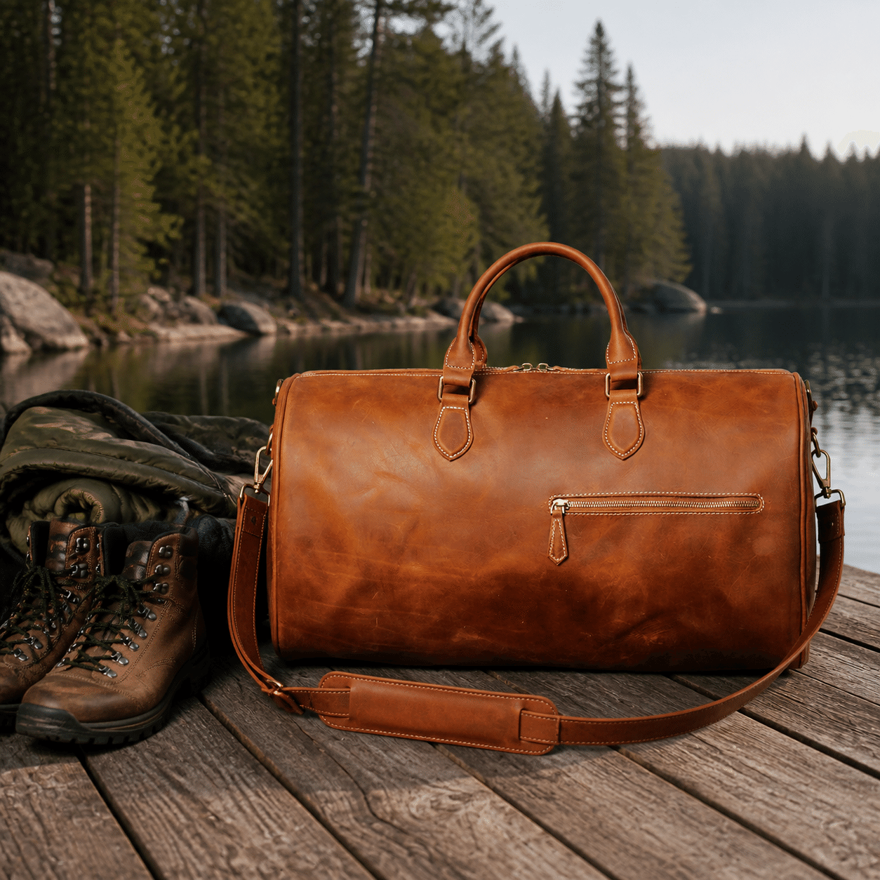 Brown men's carry-on bag by a mountain lake
