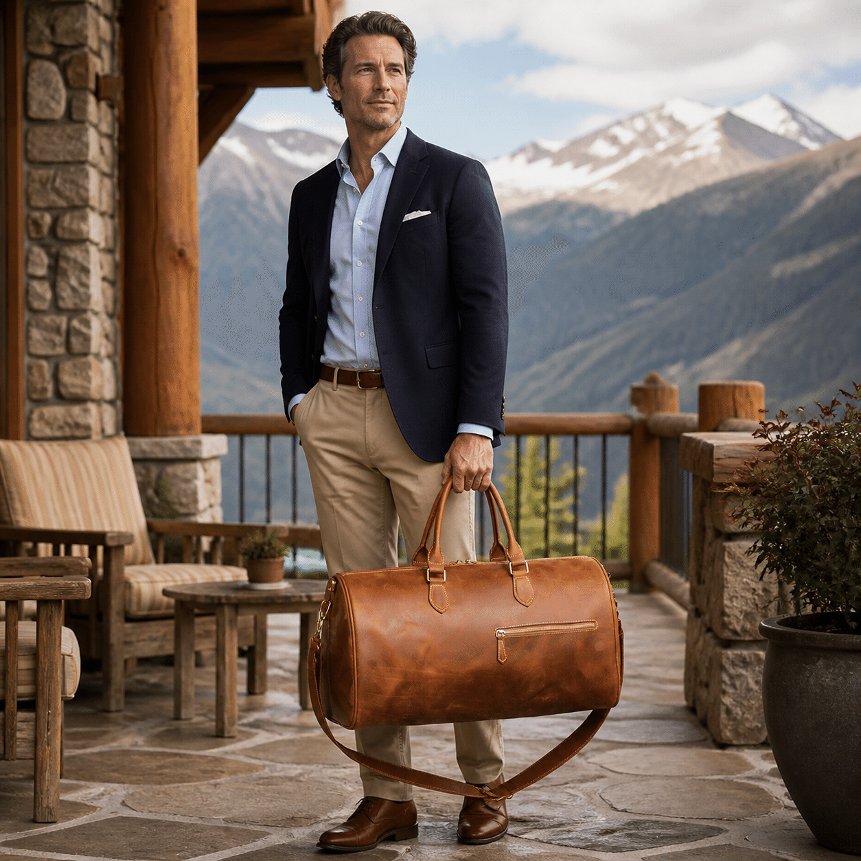 Man carrying the brown leather carry-on bag on a mountain terrace
