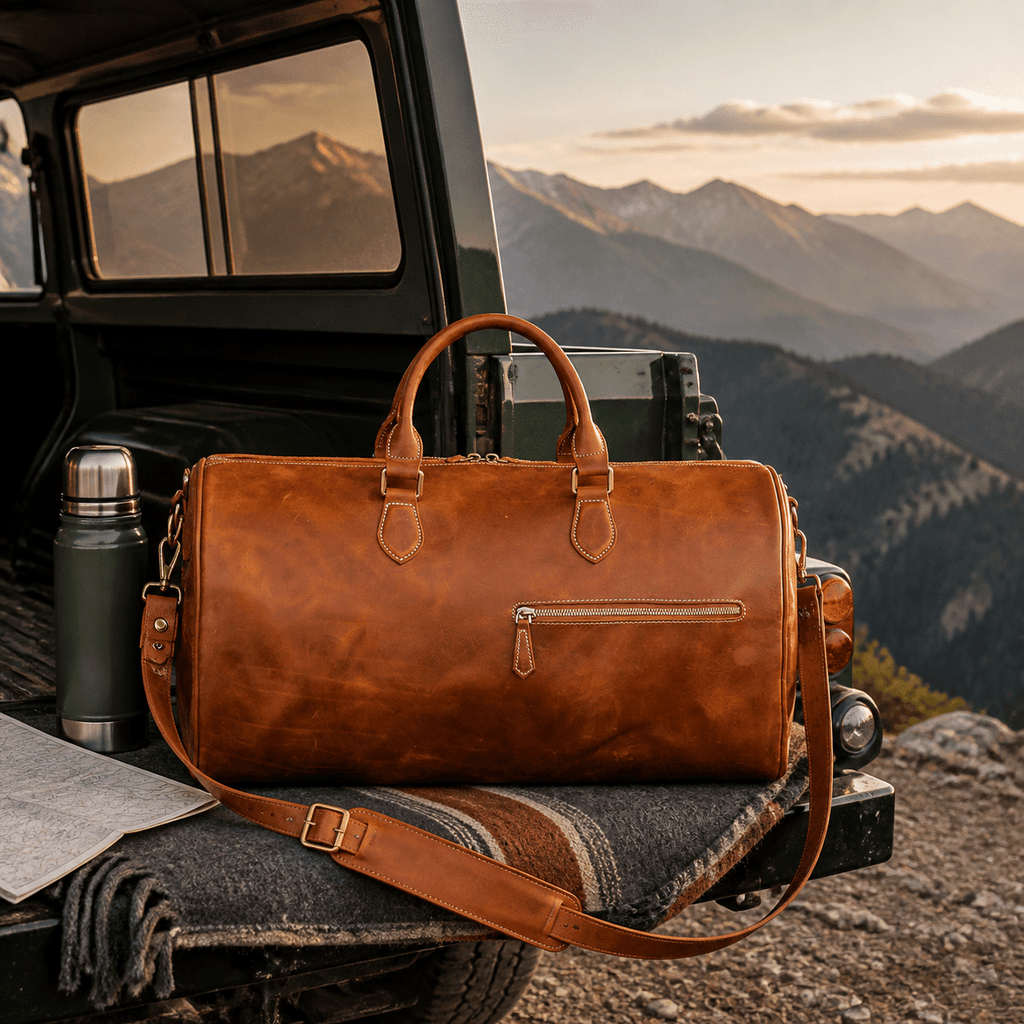 Brown men's carry-on bag on a truck bed with mountain view