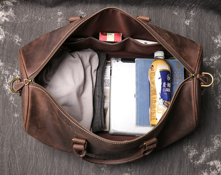 Dark brown men's carry-on bag, hardware detail