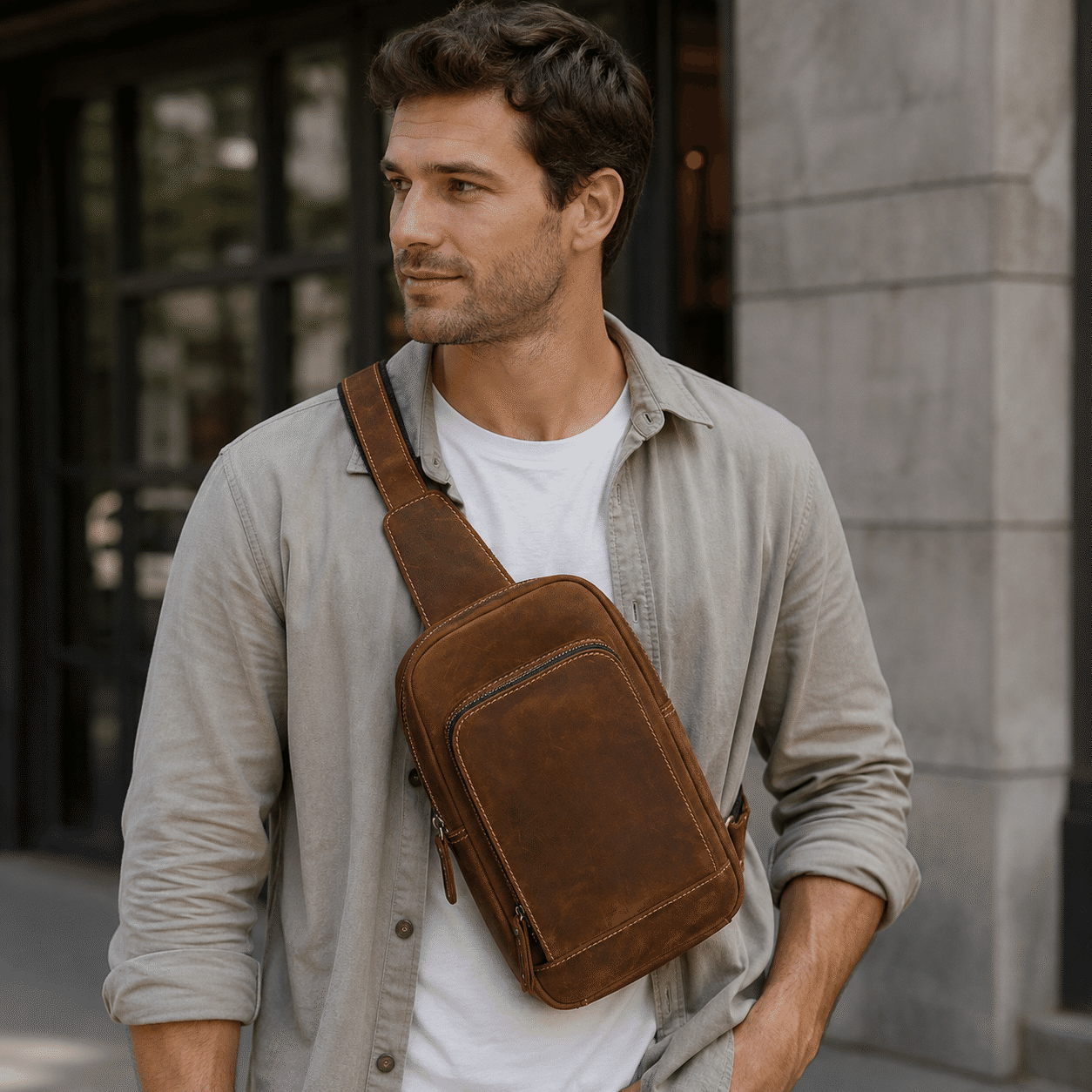 Brown men's chest bag, top view