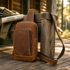 Brown men's chest bag on a cabin porch scene