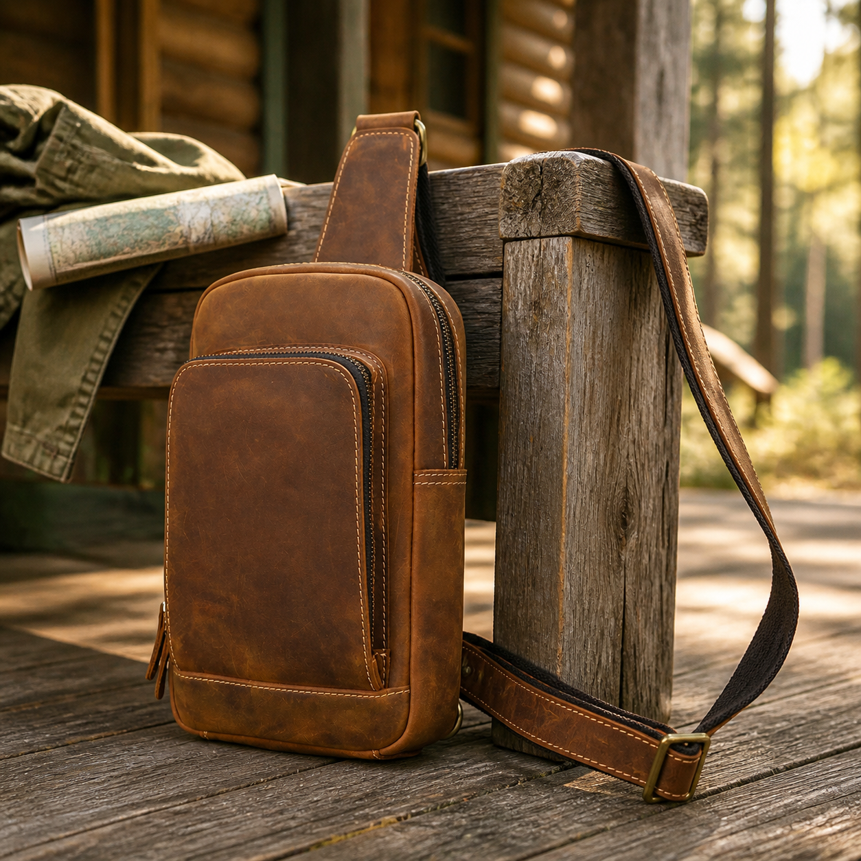Brown men's chest bag on a cabin porch scene