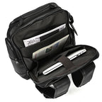 Black college backpack, back view