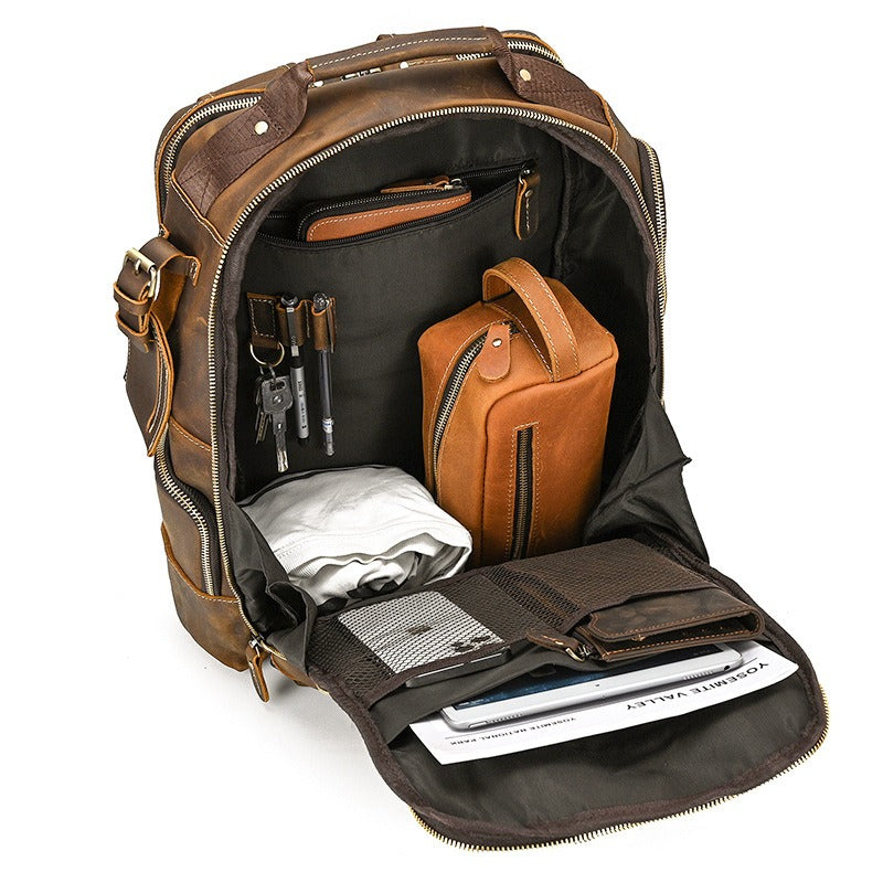 Brown men's college backpack, back view