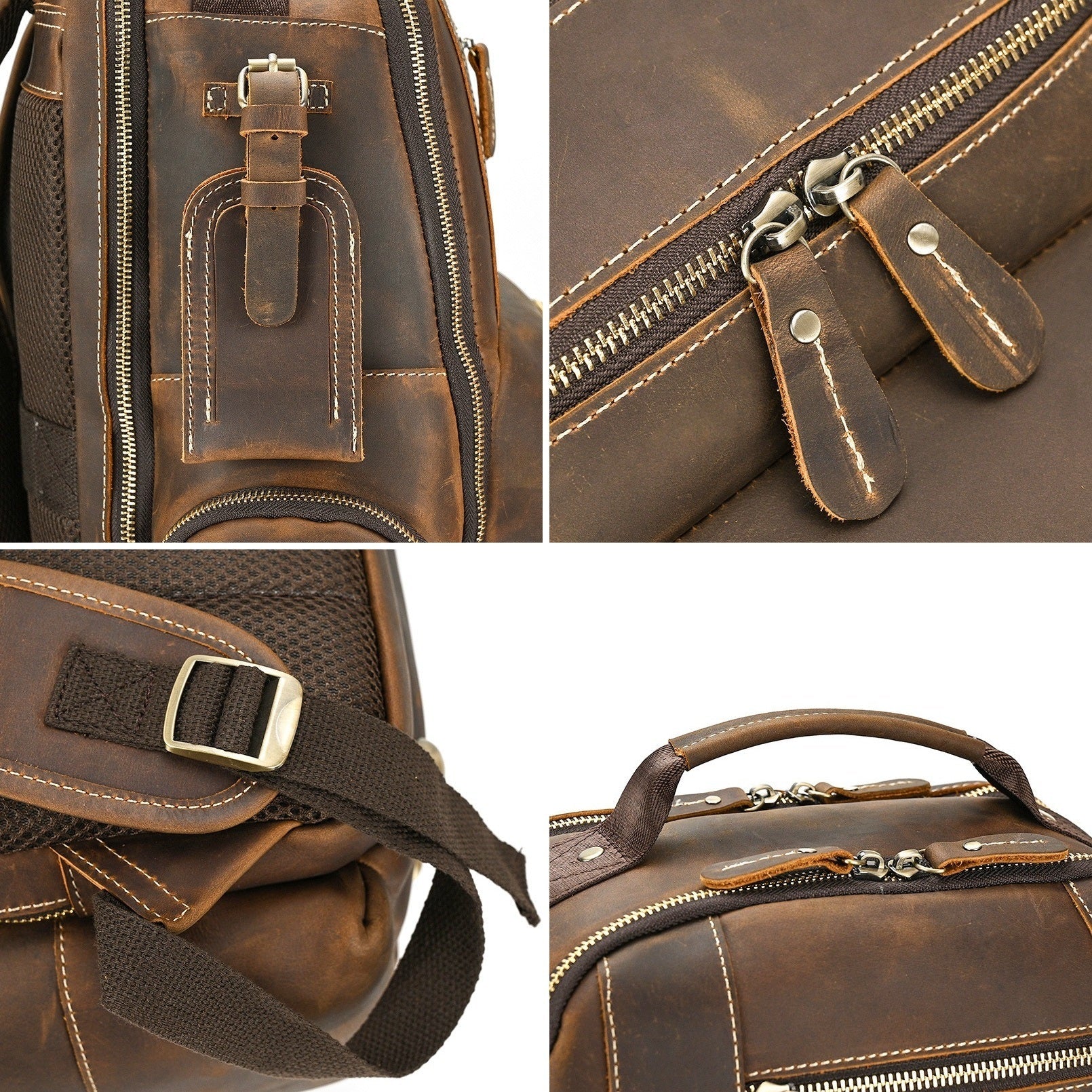 Brown men's college backpack, hardware detail