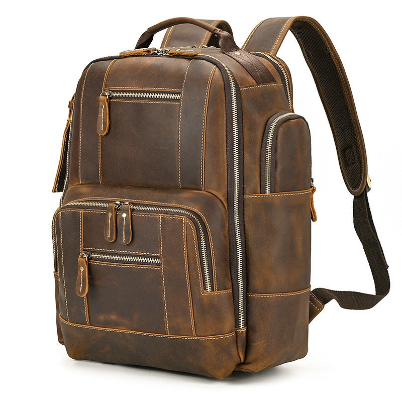 Brown men's college backpack, rivet detail
