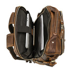 Brown men's college backpack, pen pocket detail