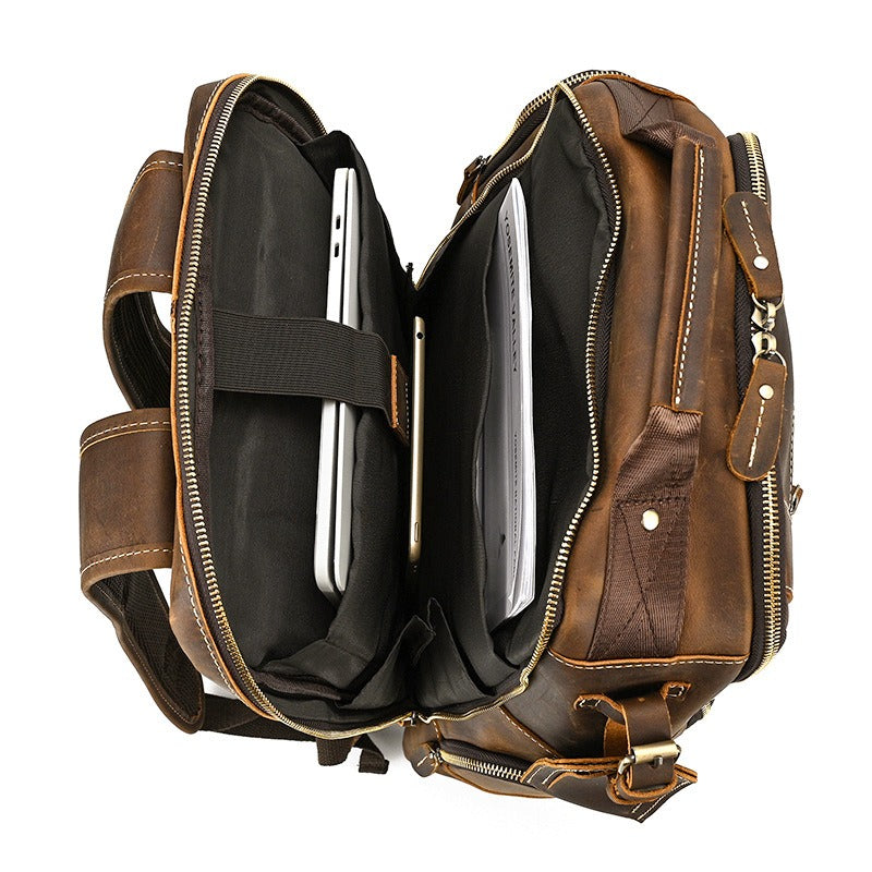 Brown men's college backpack, pen pocket detail