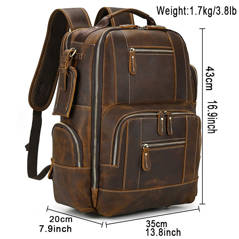 Brown men's college backpack, leather grain
