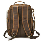 Brown men's college backpack, top view
