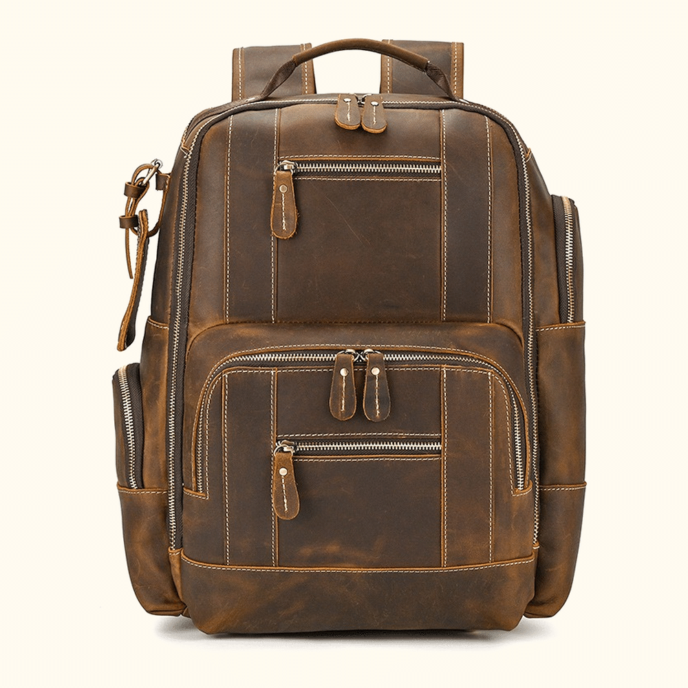 Vintage brown men's leather college backpack