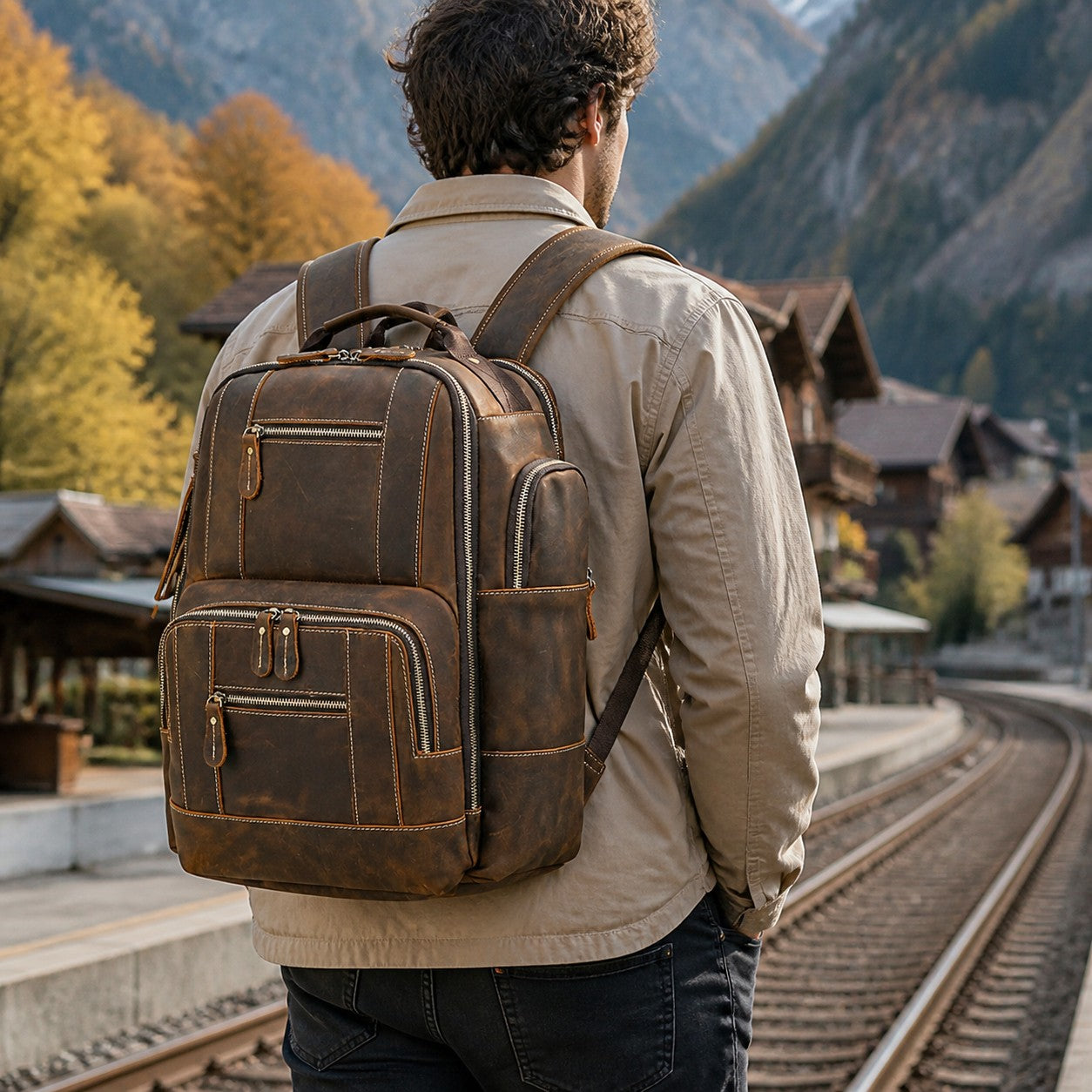 Man wearing the leather college backpack at a mountain train station