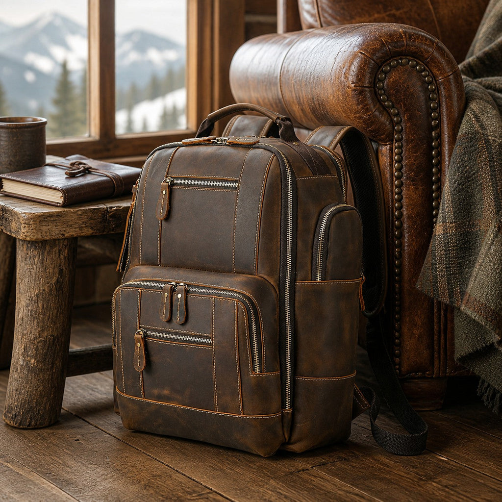 Brown men's college backpack, interior view