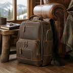Brown men's college backpack, interior view