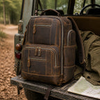 Brown men's college backpack, second compartment detail
