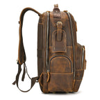 Brown men's college backpack, side view