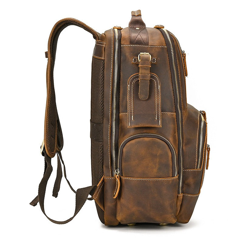 Brown men's college backpack, side view