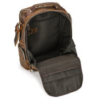 Brown men's college backpack, back panel detail