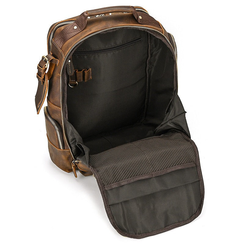 Brown men's college backpack, back panel detail