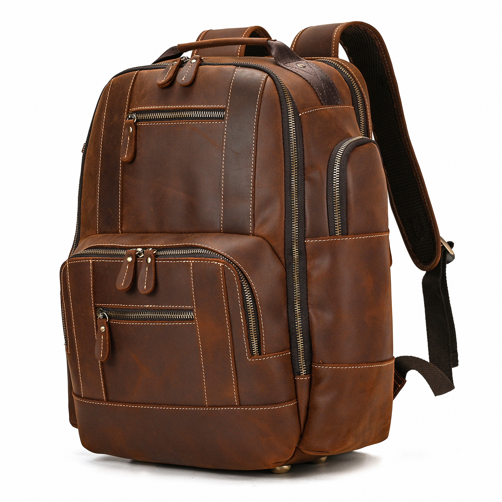Vintage brown college backpack, side view