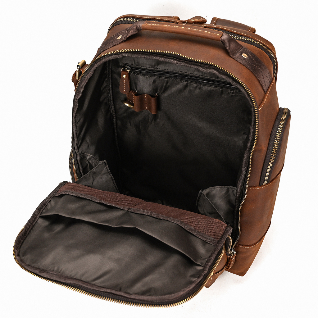 Vintage brown college backpack, back view