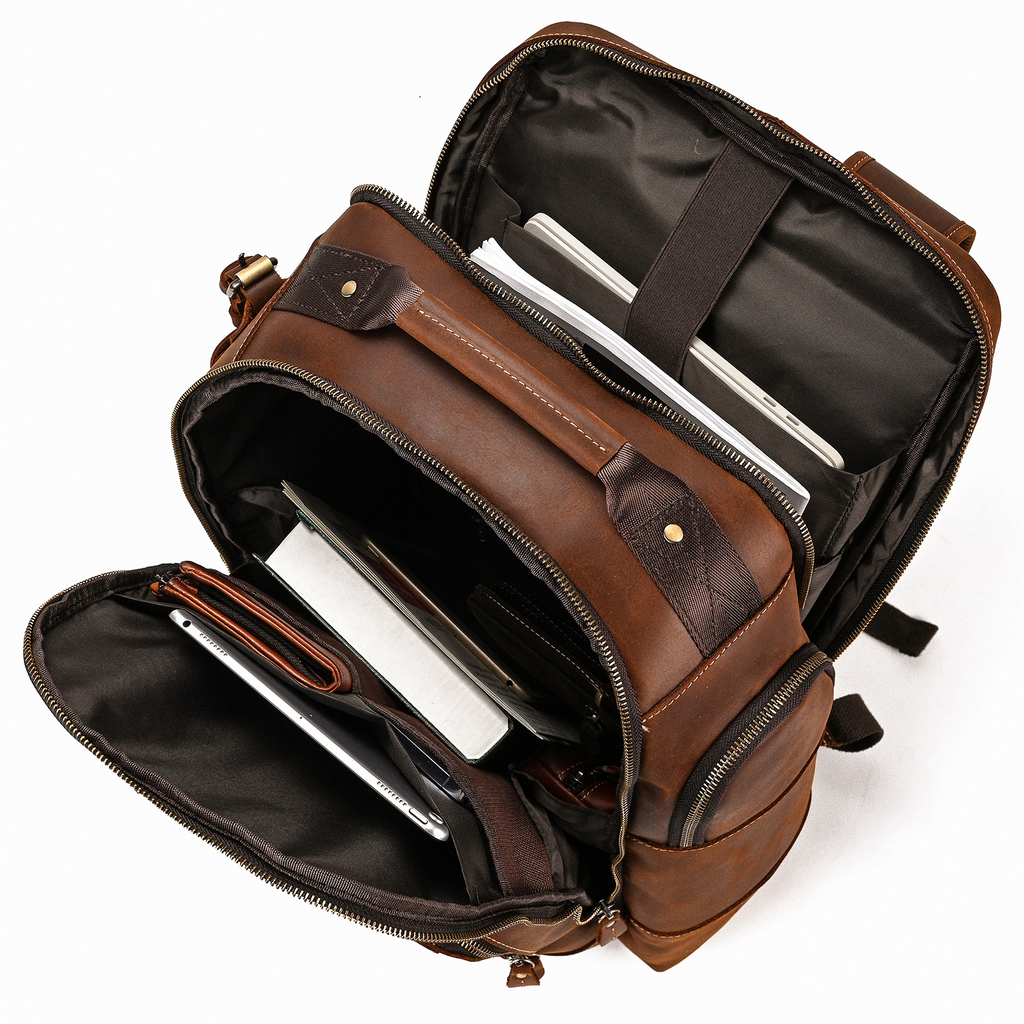 Vintage brown college backpack, another angle
