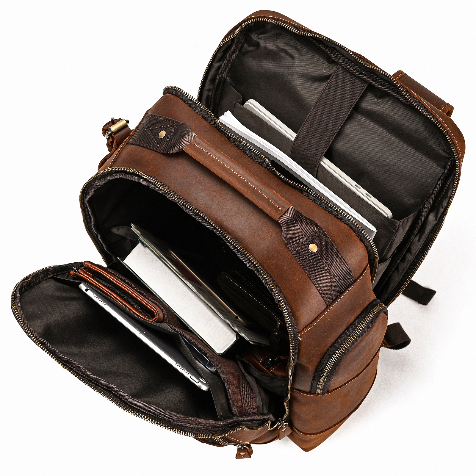 Vintage brown college backpack, another angle
