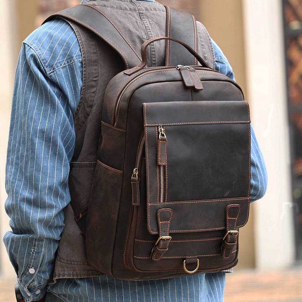 Leather commuter backpack, zipper detail