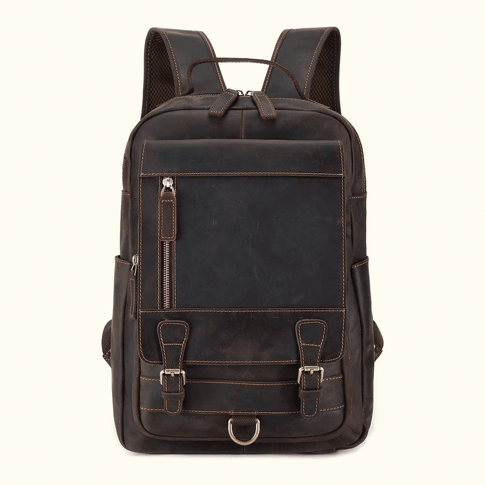 Vintage dark brown men's leather commuter backpack