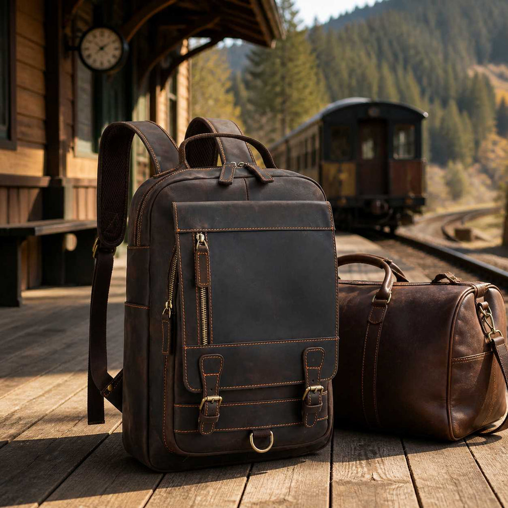 Leather commuter backpack at a train station