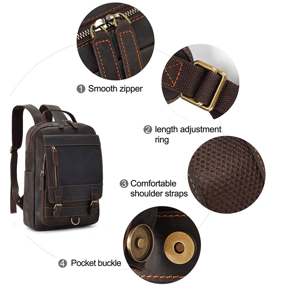 Leather commuter backpack, front flap pocket detail