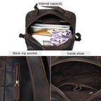 Leather commuter backpack, side pocket detail